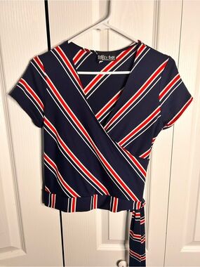 Street Code Women’s Size‎ Small Navy Wrap Top with Red & White Stripes Tie Waist